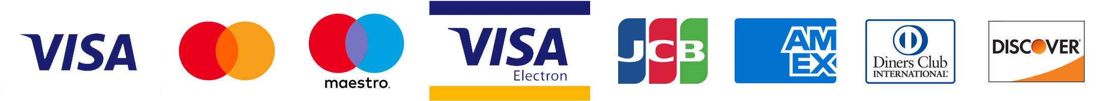 Visa Mastercard Maestro JCB Amex Diners Discover